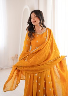 Mustard Yellow Elegant Crunchy Silk Sequence Work Three Piece Suit Set