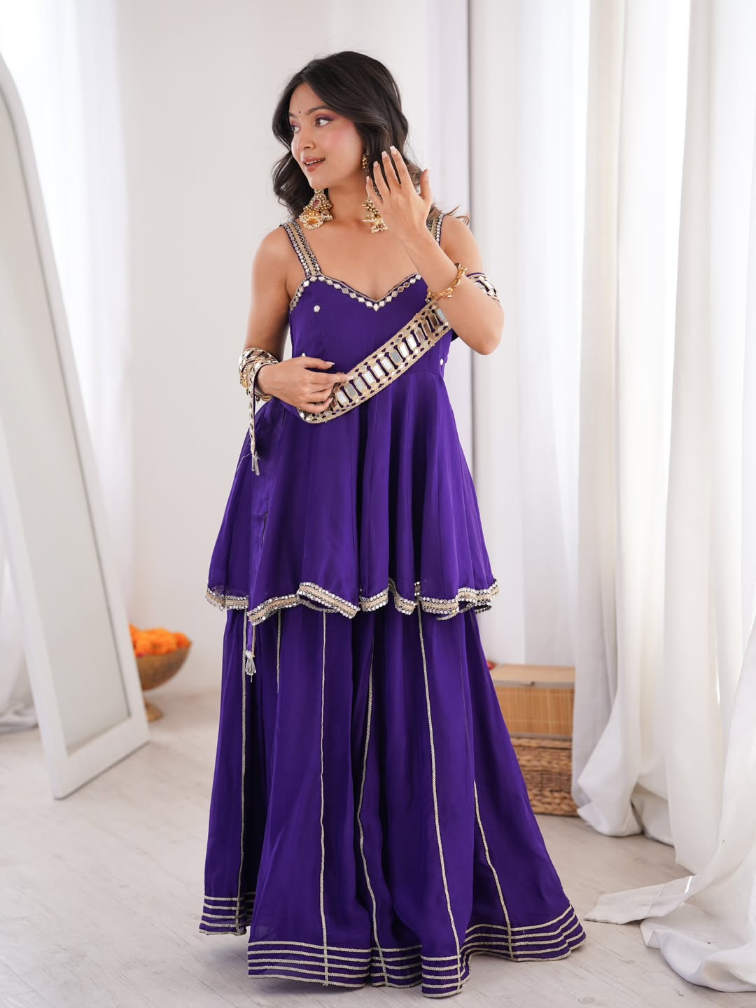 Soft Chinon Original Mirror Work Palazzo Suit Set