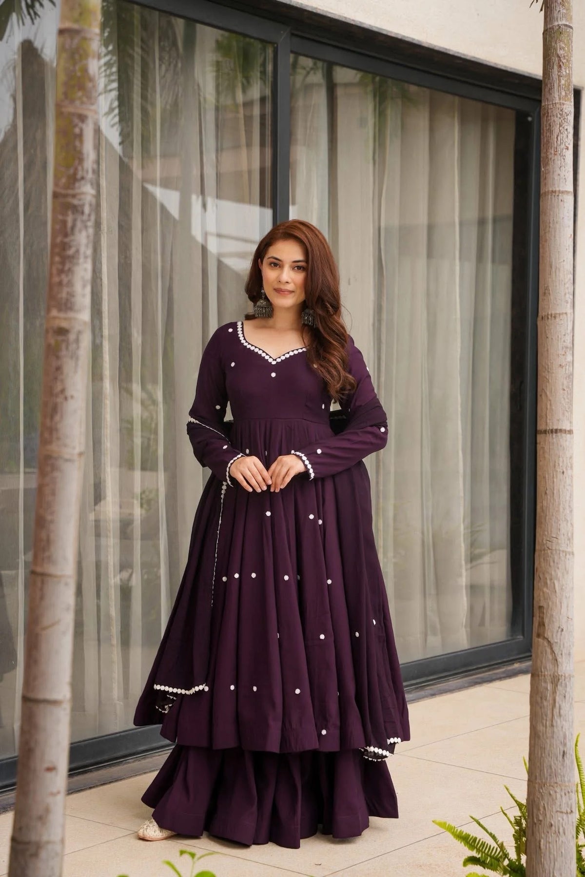 Dark purple Heavy Rayon Thread Sequence Work Three Piece Ethnic Set
