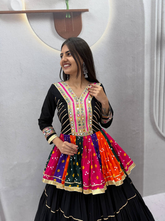 Black Elegant Pure Cotton Gamthi Mirror Work Navratri Lehenga Choli
