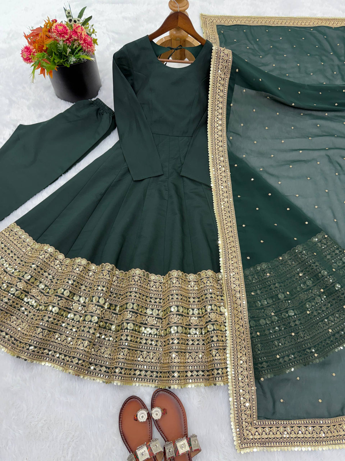 Green Elegant Roman Silk Coding Sequence Work Anarkali Gown Set