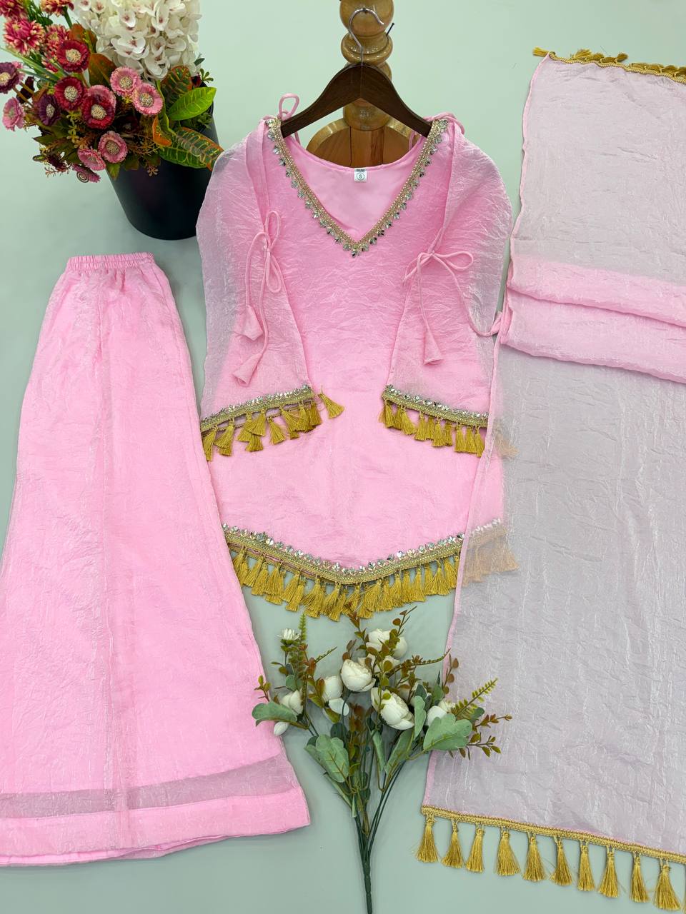 Baby Pink Doremon Crush Mirror Work Lace Border Ethnic Wear Set