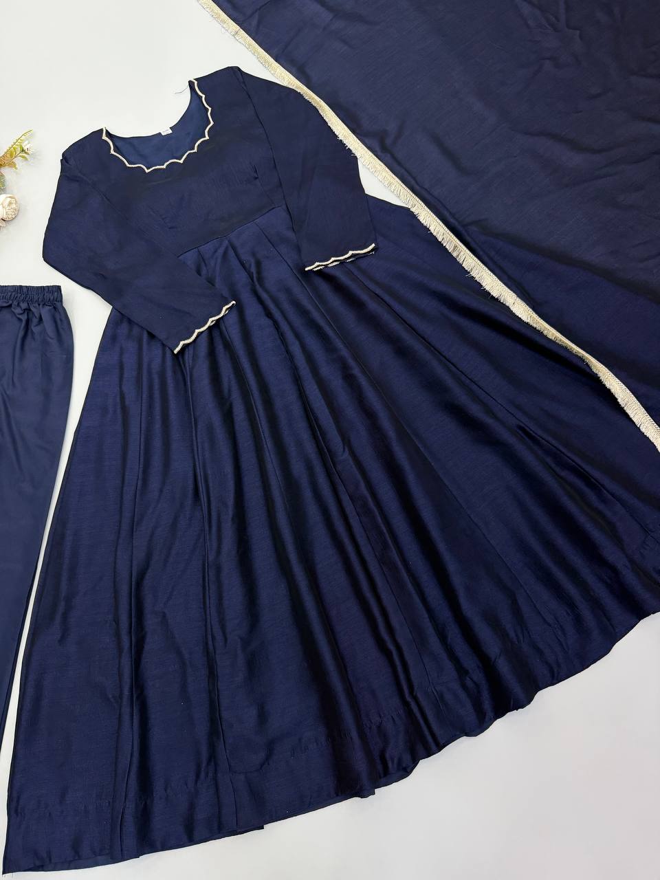 Navy blue Vichitra Silk Beads Work Anarkali Gown Set With Dupatta