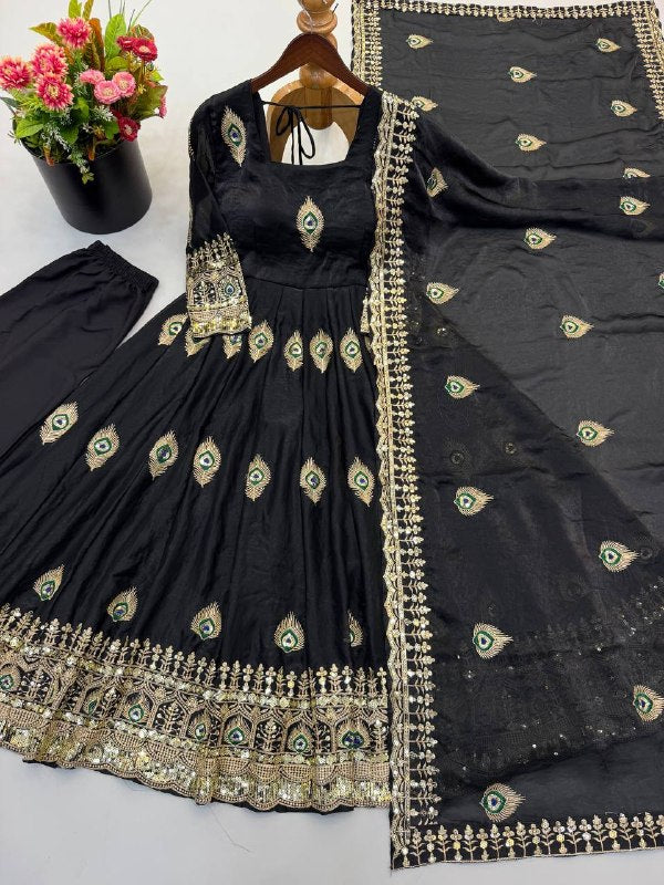 Black Trending Designer Fendy Silk Gown With Heavy Sequence Embroidery Dupatta