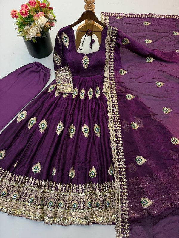 Wine Purple Trending Designer Fendy Silk Gown With Heavy Sequence Embroidery Dupatta