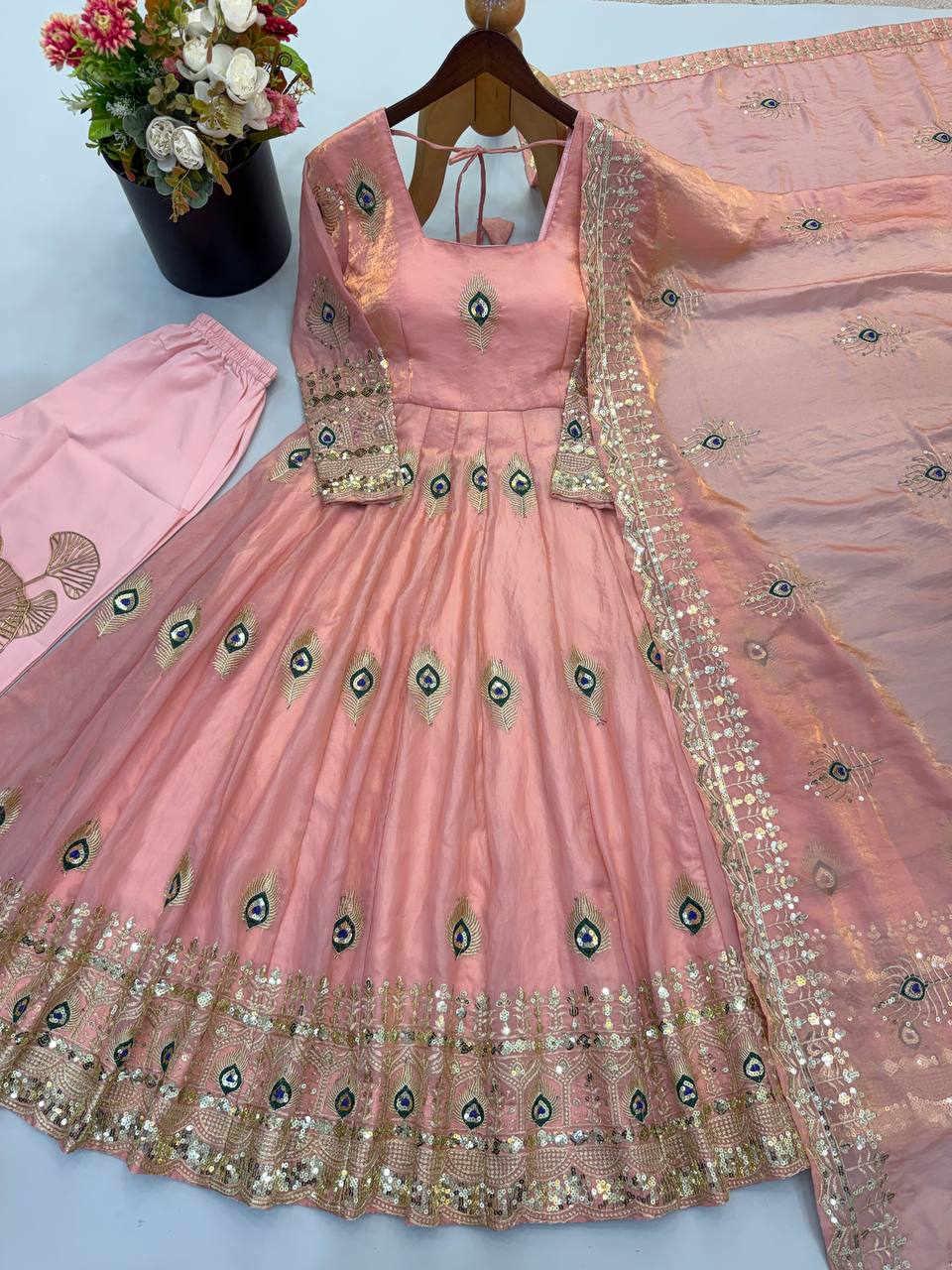 Dusty Rose Trending Designer Fendy Silk Gown With Heavy Sequence Embroidery Dupatta