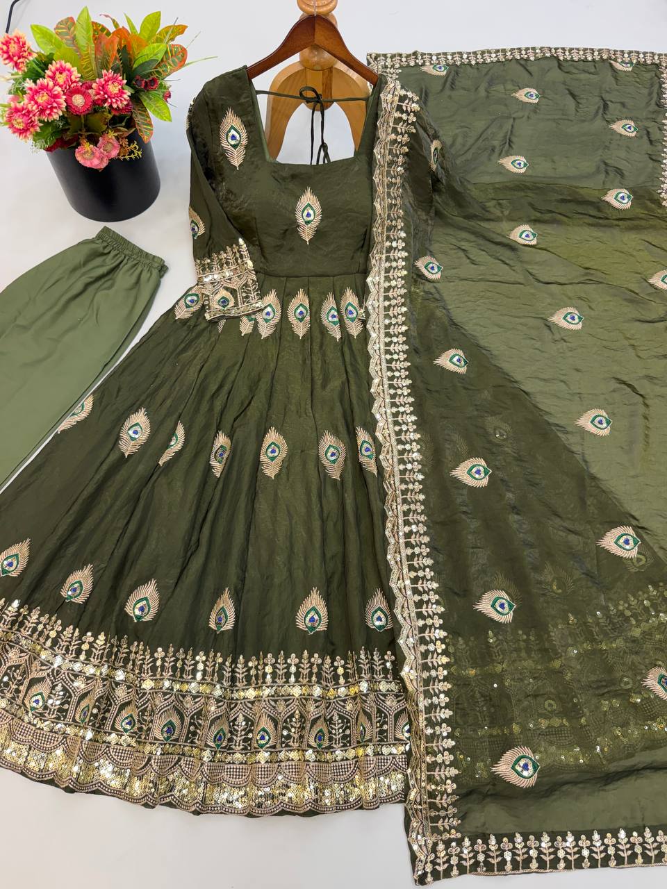 Olive Green Trending Designer Fendy Silk Gown With Heavy Sequence Embroidery Dupatta