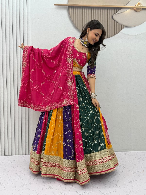 Vintage Milki Silk Embroidered Navratri Lehenga Choli