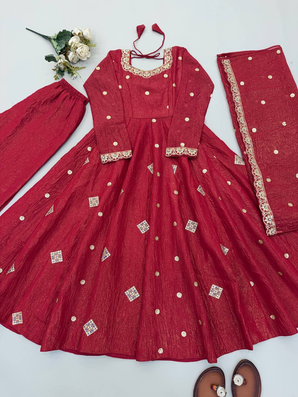 Crunchy Silk Embroidered Sequence Work Flared Gown Set