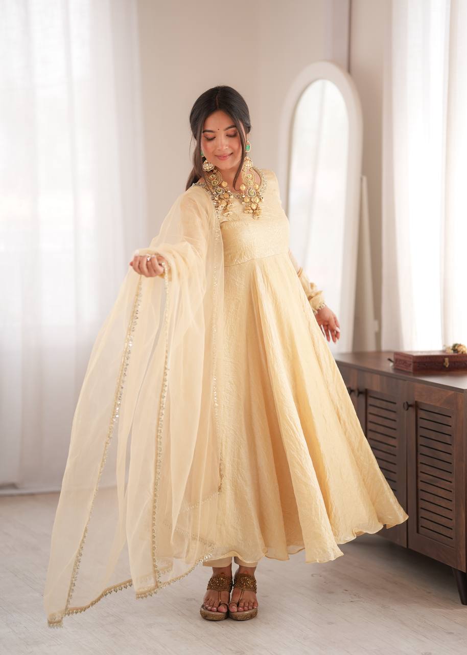 White Doremon Crush Mirror Work Fully Flared Gown Set