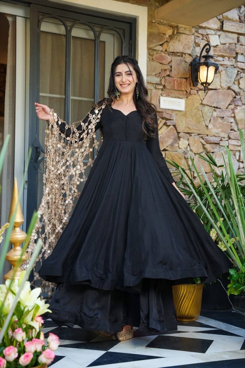 Royal Black Real Mirror Work Anarkali Palazzo Dupatta Set