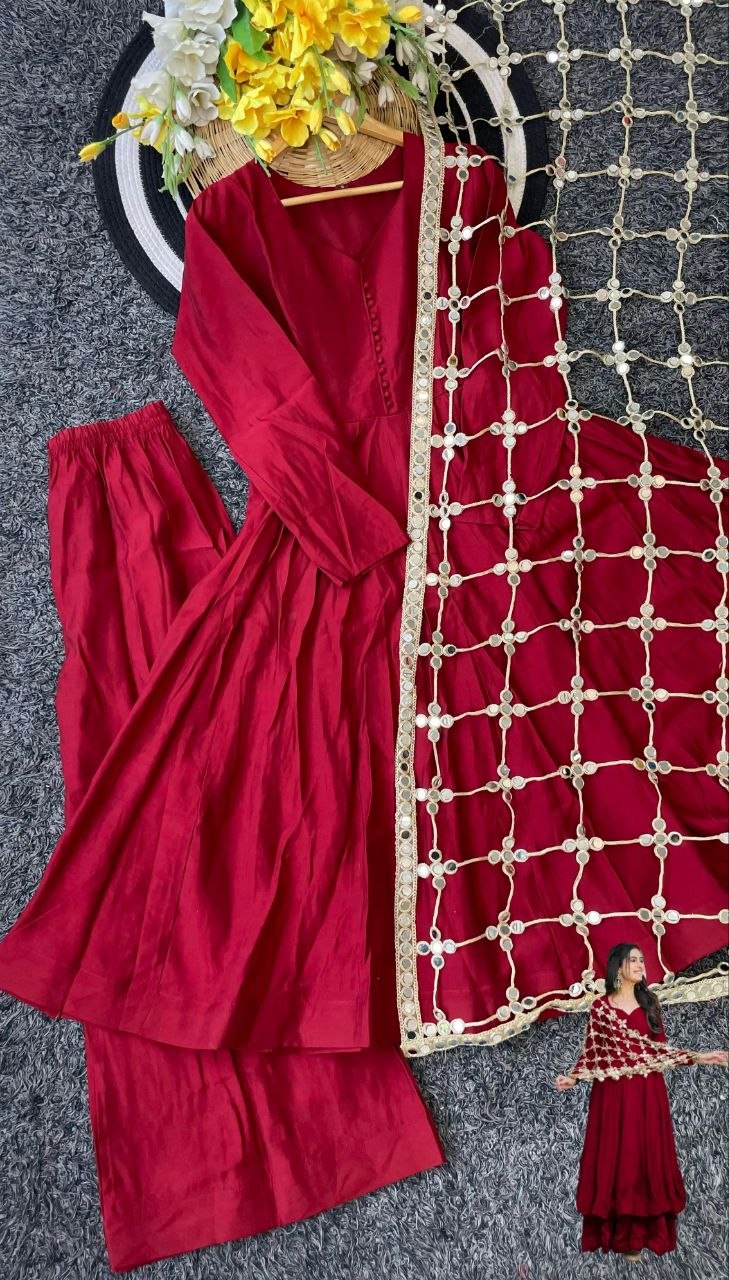 Maroon Soft Roman Silk Real Mirror Work Anarkali Palazzo Set