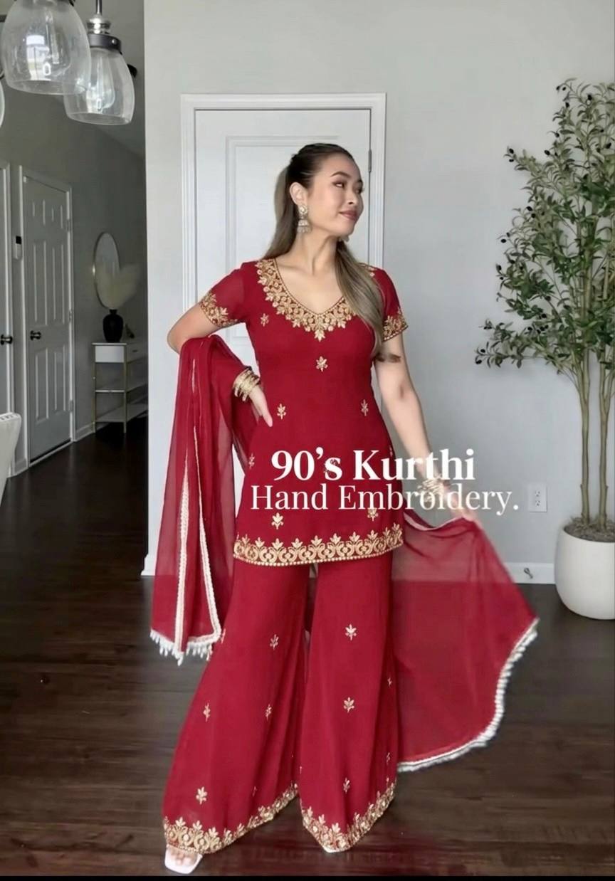 Red Fox Georgette Embroidered Sequence Work Sharara Plazzo Set
