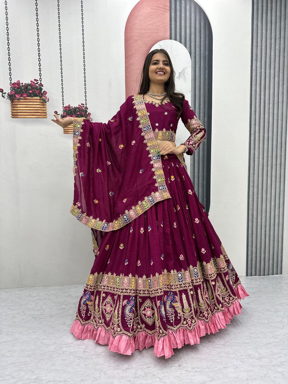 Heavy Embroidered Vichitra Sequence Lehenga Choli Set