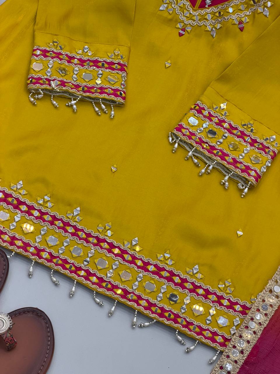 Yellow Roman Glass Mirror Work Palazzo Suit With Kota Dupatta