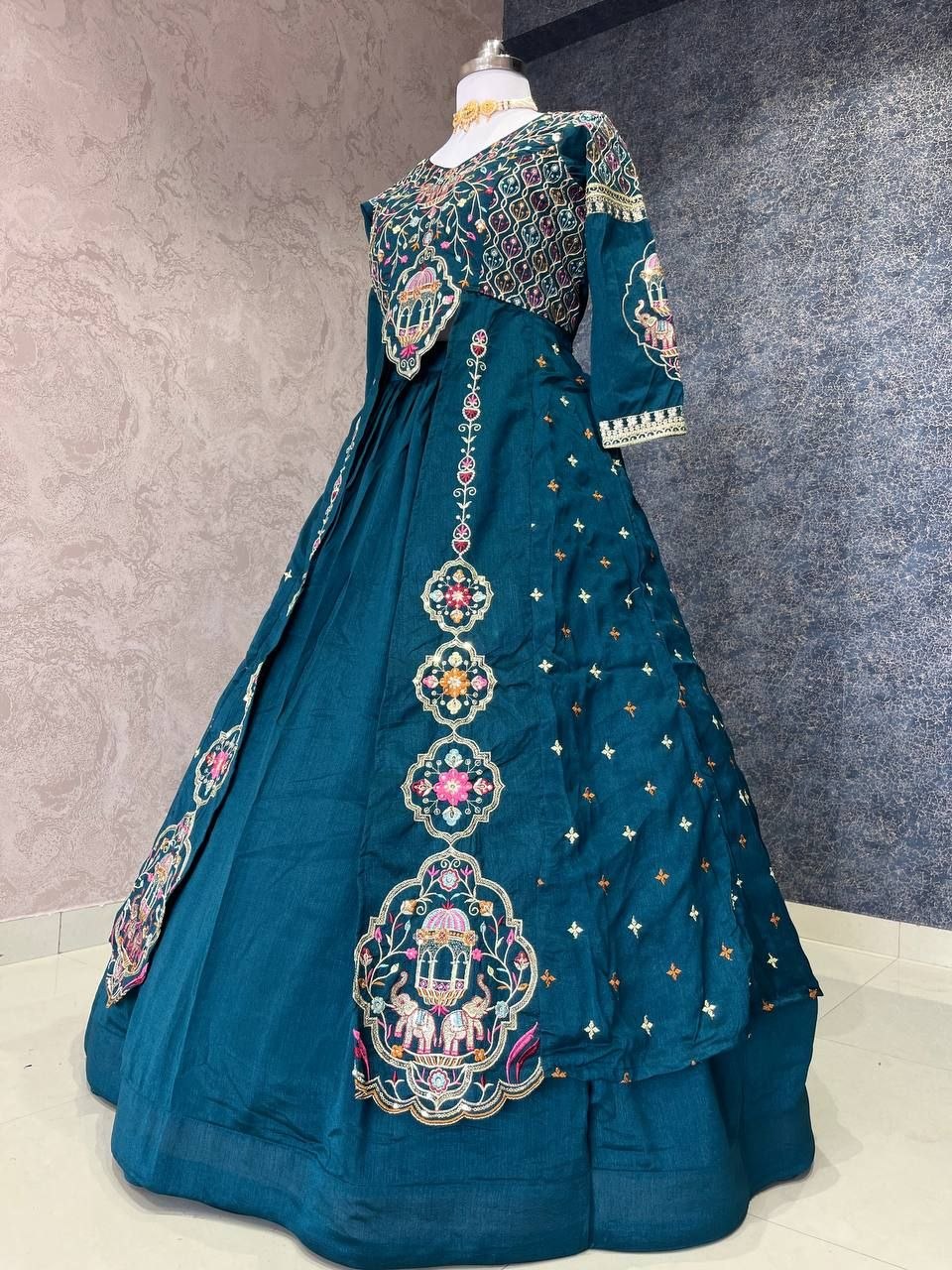 Dark Teal Blue Festival Special Vichitra Thread Sequence Crop Top Lehenga Set