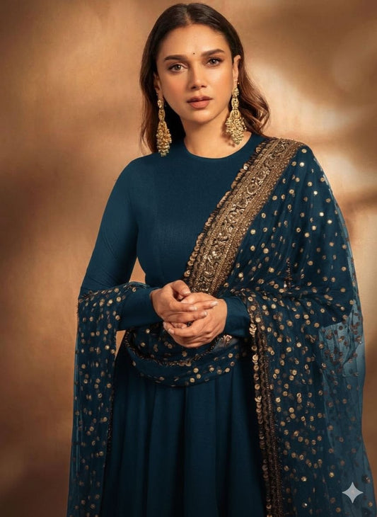 Blue Aditi Rao Inspired Georgette Base Embroidered Anarkali Suit Set