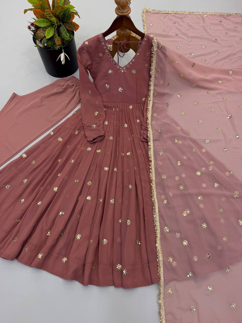 Dusty rose Heavy Faux Georgette Embroidered Flared Gown Set