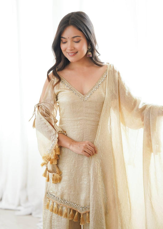 Beige Mirror Work Suit – Cold Shoulder Bell Sleeves, Palazzo & Dupatta
