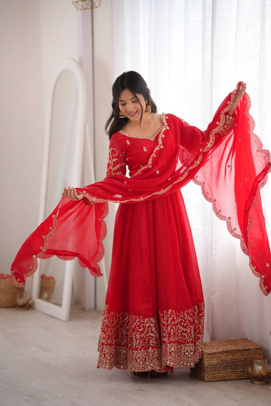 Embroidery Codding And Sequence Work - Red