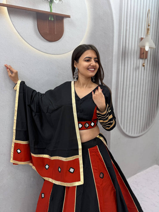 Black & Red Big Flair Mirror Work Navratri Lehenga Choli