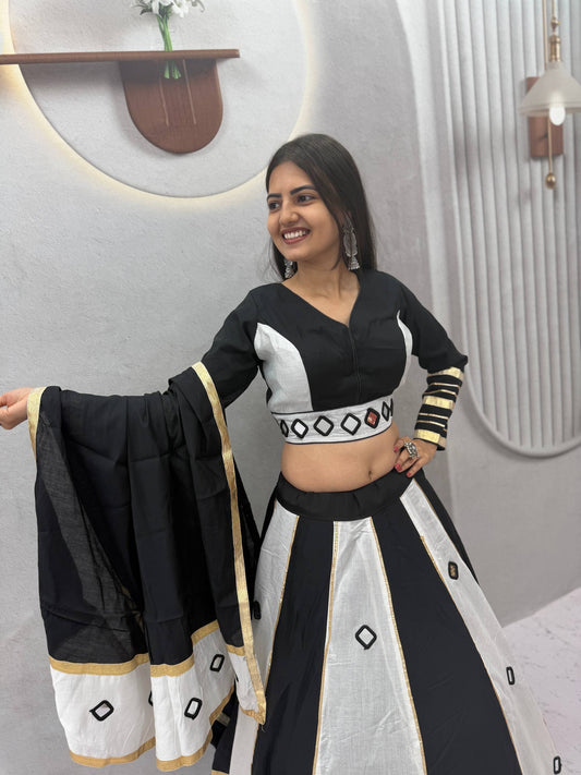 Black & White Big Flair Mirror Work Navratri Lehenga Choli