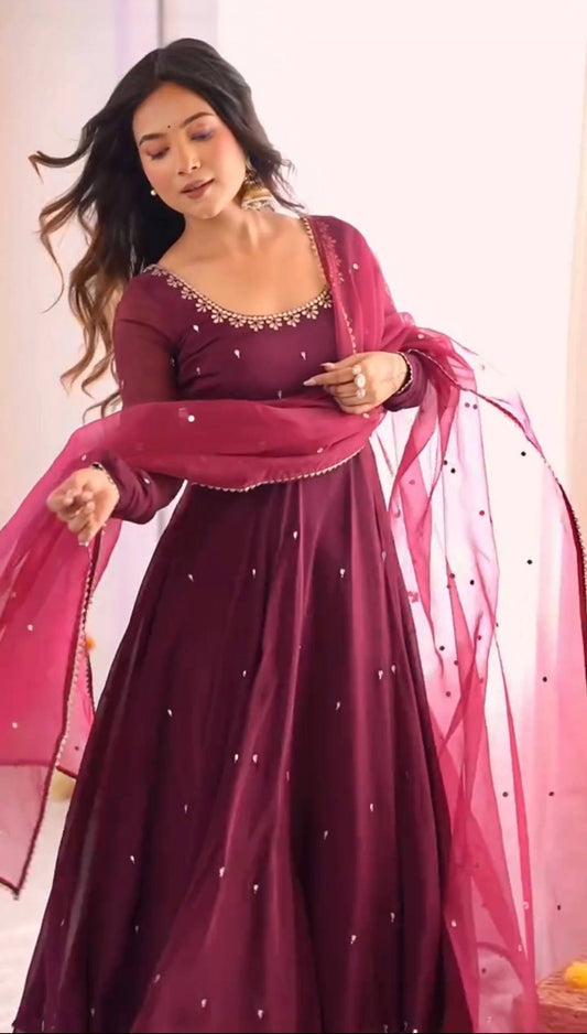 Rani Pink Heavy Fox Georgette Embroidered Ready to Wear Gown With Dupatta
