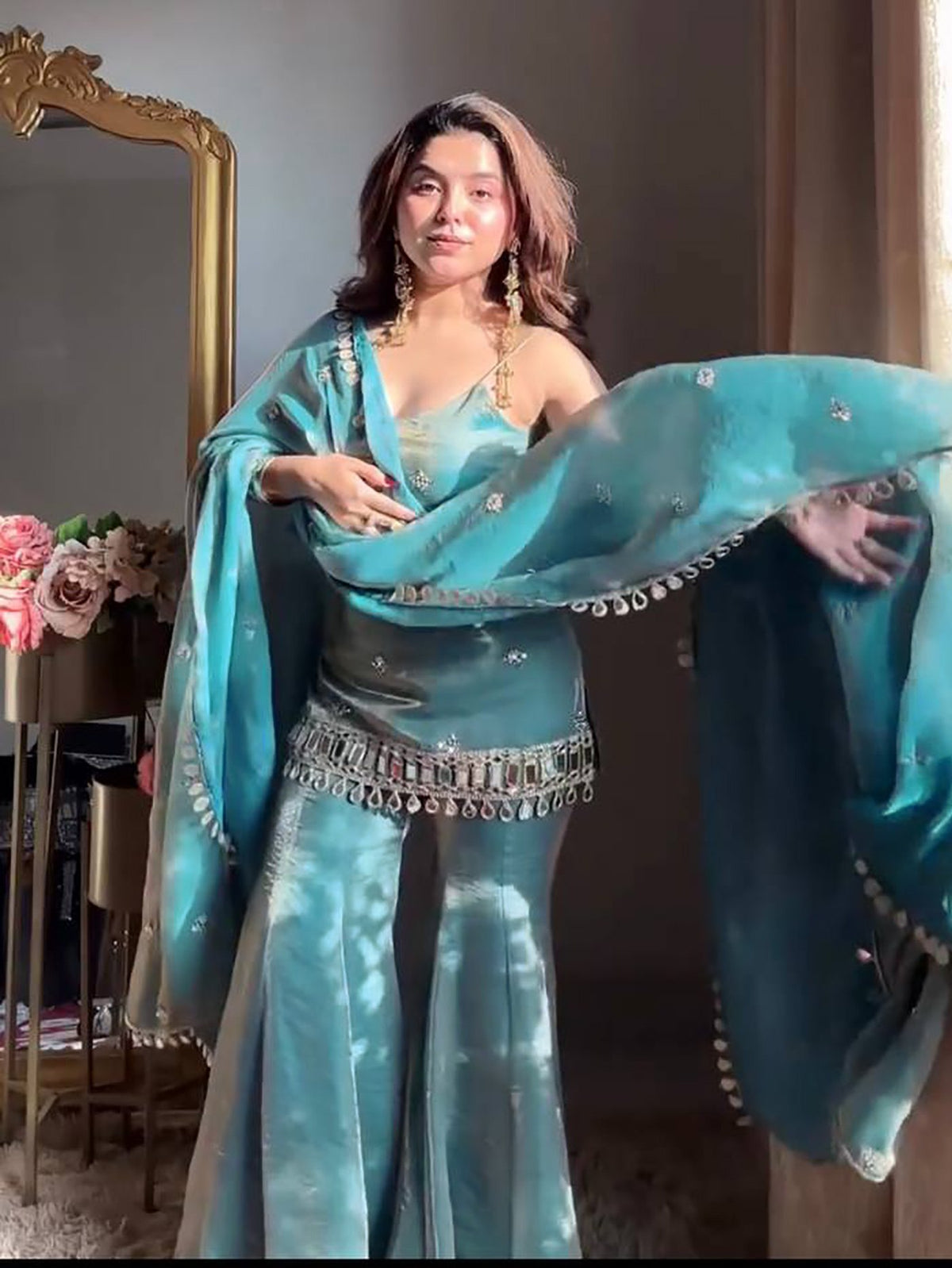 Reshma Premium Fendy Silk Mirror Work Plazo Suit Set