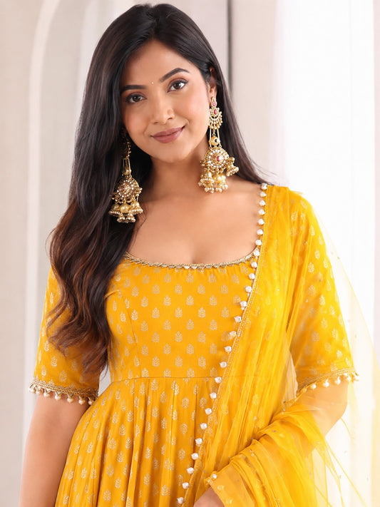 Yellow Chanderi Jacquard Mirror Work Flared Gown Set