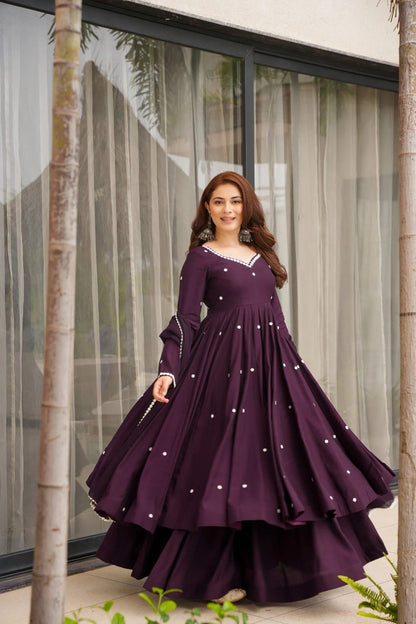 Dark purple Heavy Rayon Thread Sequence Work Three Piece Ethnic Set