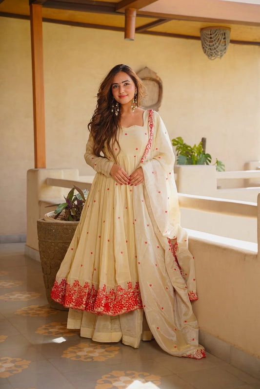 Ivory Embroidery Work Anarkali Palazzo Suit Set