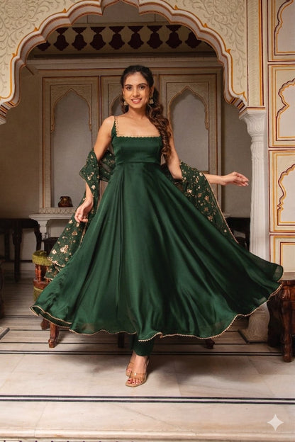 Green Heavy Japan Satin Thread Sequence Work Three Piece Set