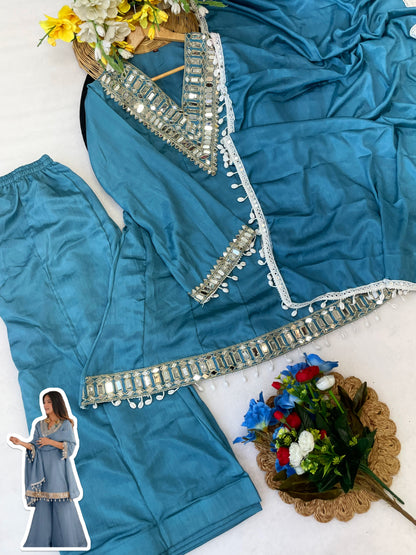 Dusty Blue Soft Chinon Real Mirror Work Long Kali Palazzo Set