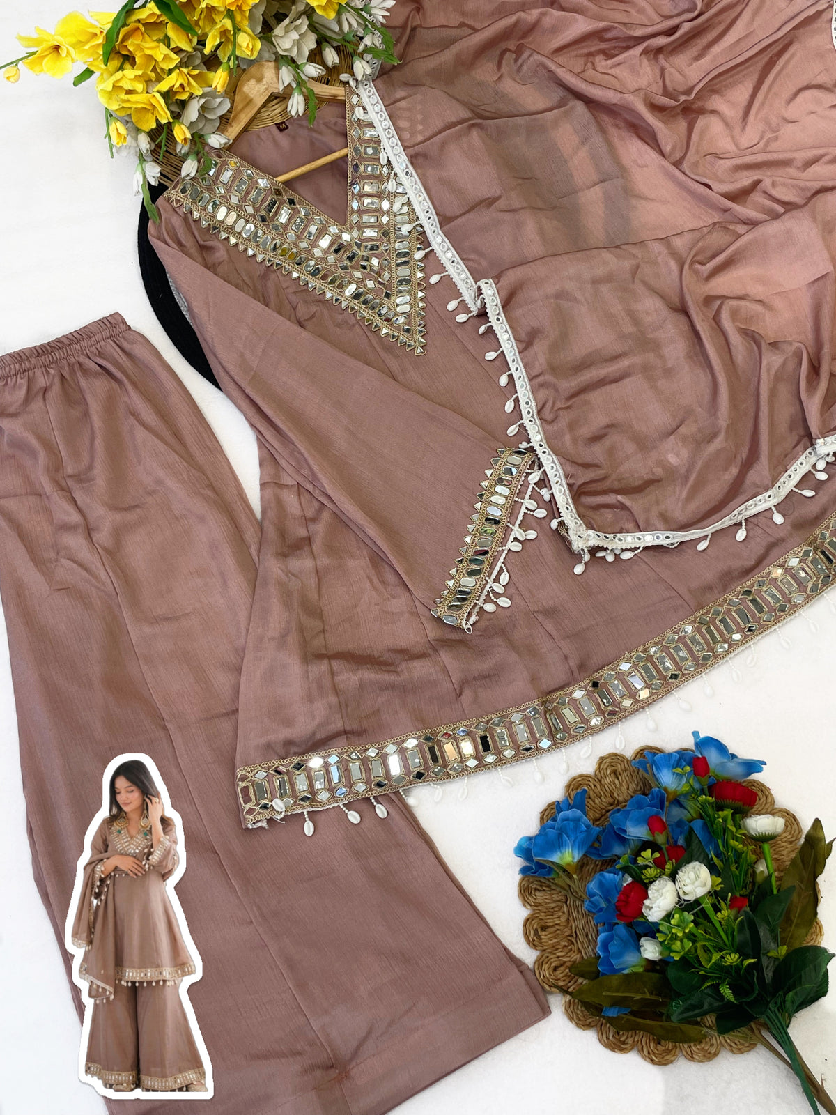 Mocha Brown Soft Chinon Real Mirror Work Long Kali Palazzo Set