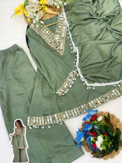 Sage Green Soft Chinon Real Mirror Work Long Kali Palazzo Set
