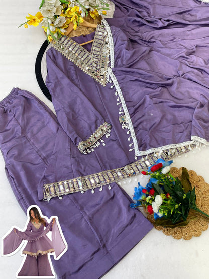 Dusty Lavender Soft Chinon Real Mirror Work Long Kali Palazzo Set