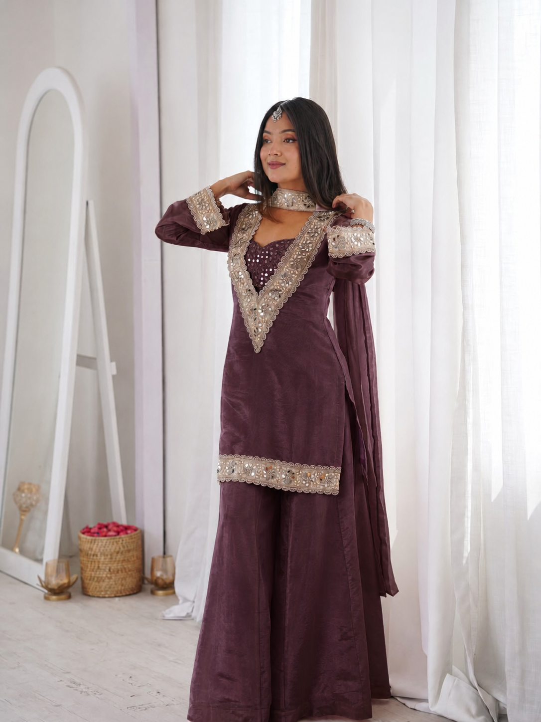 Chocolate Premium Chinon Mirror Diamond Moti Work 4-Piece Sharara Set