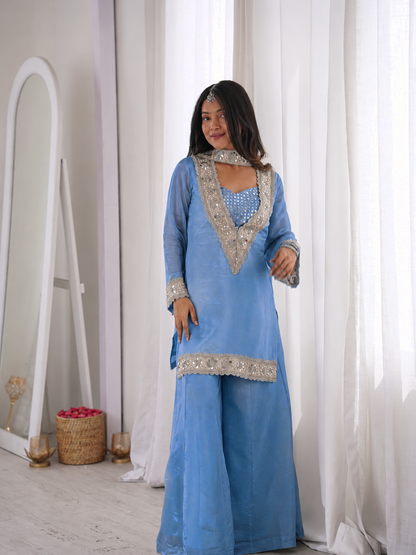 Powder Blue Premium Chinon Mirror Diamond Moti Work 4-Piece Sharara Set
