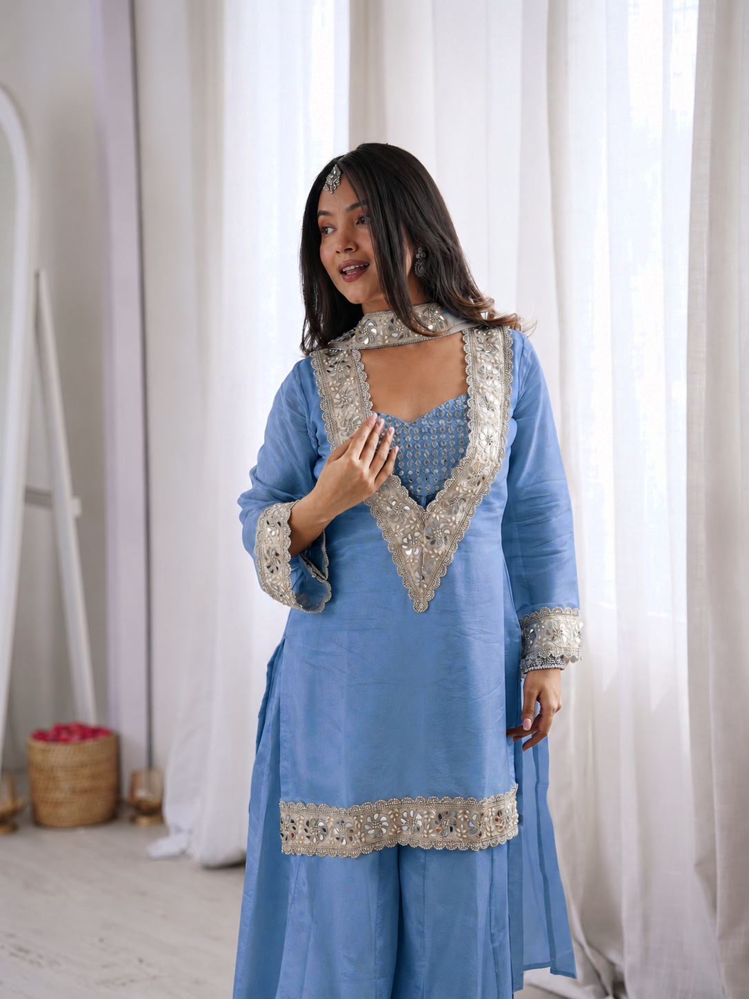 Powder Blue Premium Chinon Mirror Diamond Moti Work 4-Piece Sharara Set