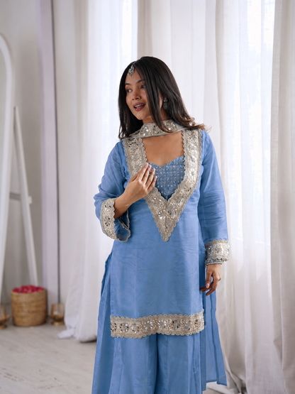 Powder Blue Premium Chinon Mirror Diamond Moti Work 4-Piece Sharara Set