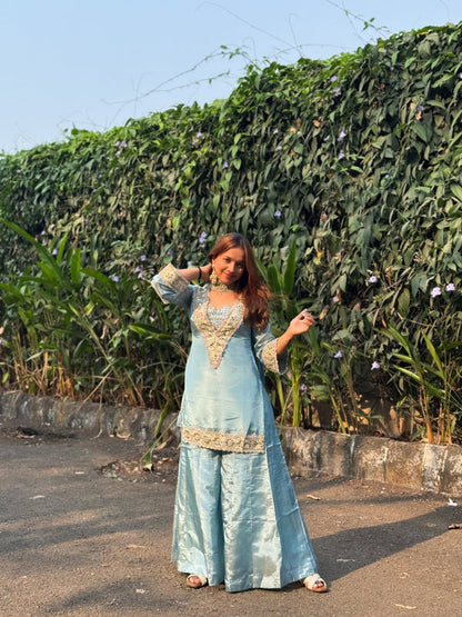 Deep Teal Blue Premium Chinon Mirror Diamond Moti Work Four Piece Sharara Set