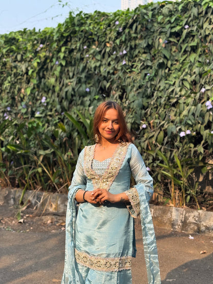 Deep Teal Blue Premium Chinon Mirror Diamond Moti Work Four Piece Sharara Set