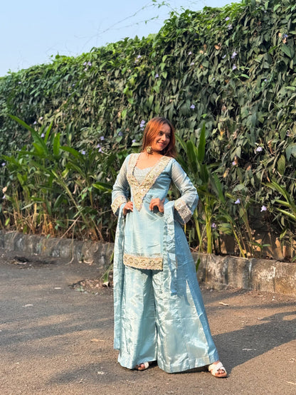 Deep Teal Blue Premium Chinon Mirror Diamond Moti Work Four Piece Sharara Set