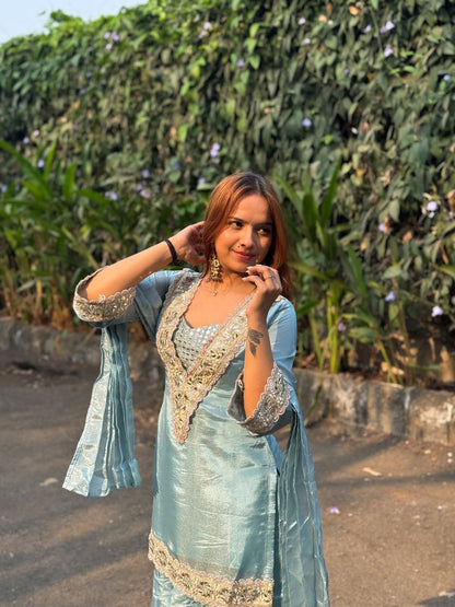 Deep Teal Blue Premium Chinon Mirror Diamond Moti Work Four Piece Sharara Set