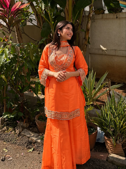 Orange Premium Chinon Mirror Diamond Moti Work 4-Piece Sharara Set
