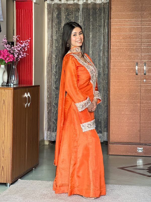 Orange Premium Chinon Mirror Diamond Moti Work 4-Piece Sharara Set