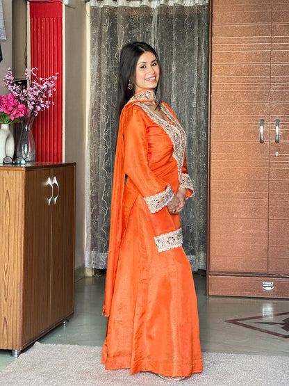 Orange Premium Chinon Mirror Diamond Moti Work 4-Piece Sharara Set