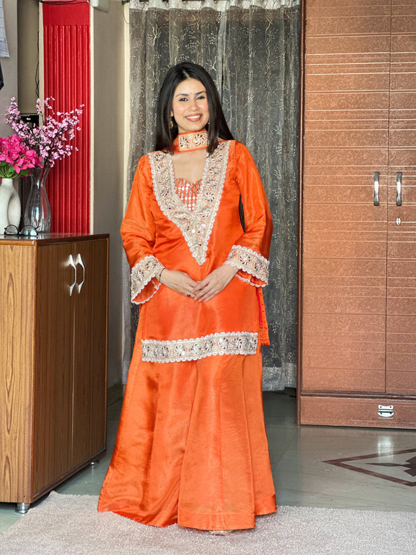 Orange Premium Chinon Mirror Diamond Moti Work 4-Piece Sharara Set
