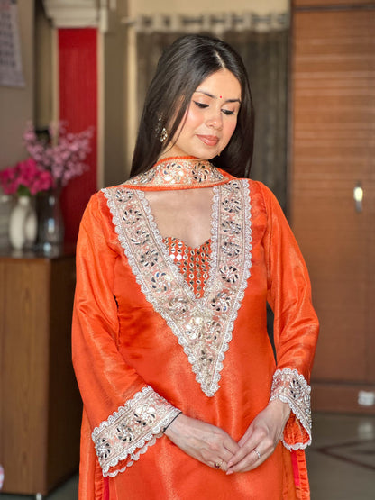 Orange Premium Chinon Mirror Diamond Moti Work 4-Piece Sharara Set