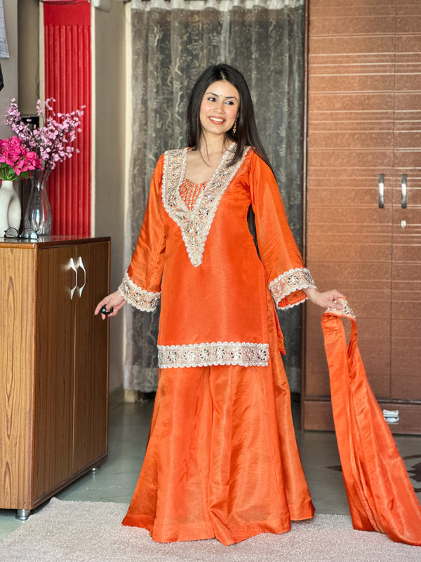 Orange Premium Chinon Mirror Diamond Moti Work 4-Piece Sharara Set